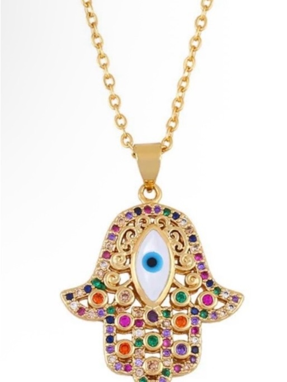 Gold Plated Multicolor Hamsa Hand Evil Eye Pendant Necklace - Women Jewelry